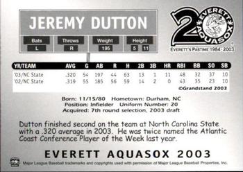 2003 Grandstand Everett AquaSox #NNO Jeremy Dutton Back