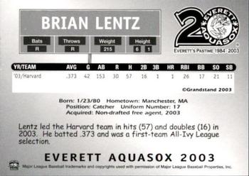 2003 Grandstand Everett AquaSox #NNO Brian Lentz Back
