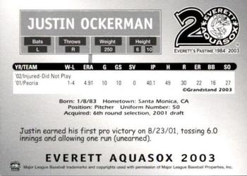 2003 Grandstand Everett AquaSox #NNO Justin Ockerman Back