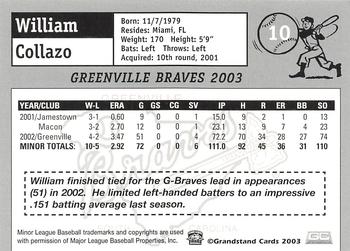 2003 Grandstand Greenville Braves #NNO William Collazo Back