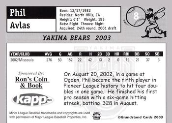 2003 Grandstand Yakima Bears #NNO Phil Avlas Back