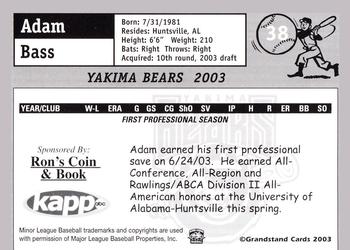 2003 Grandstand Yakima Bears #NNO Adam Bass Back