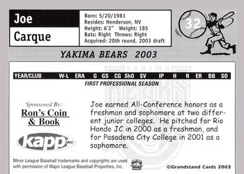 2003 Grandstand Yakima Bears #NNO Joe Carque Back