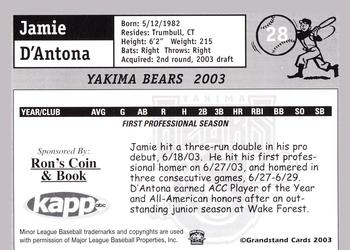 2003 Grandstand Yakima Bears #NNO Jamie D'Antona Back