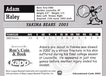 2003 Grandstand Yakima Bears #NNO Adam Haley Back