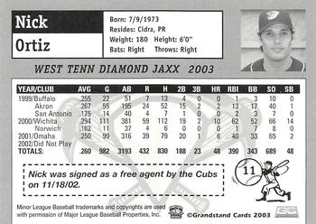 2003 Grandstand West Tenn Diamond Jaxx #NNO Nick Ortiz Back