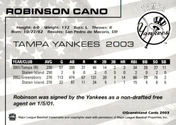 2003 Grandstand Tampa Yankees #NNO Robinson Cano Back