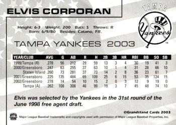 2003 Grandstand Tampa Yankees #NNO Elvis Corporan Back