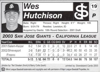 2003 Grandstand San Jose Giants #19 Wes Hutchison Back
