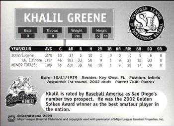 2003 Grandstand Southern League Top Prospects #NNO Khalil Greene Back