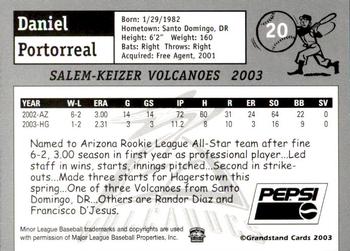 2003 Grandstand Salem-Keizer Volcanoes #NNO Daniel Portorreal Back