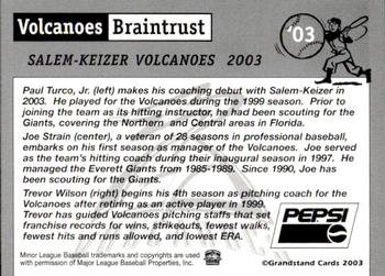 2003 Grandstand Salem-Keizer Volcanoes #NNO Volcanoes Braintrust (Paul Turco / Joe Strain / Trevor Wilson) Back