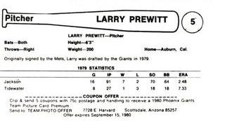 1980 Valley National Bank Phoenix Giants #5 Larry Prewitt Back