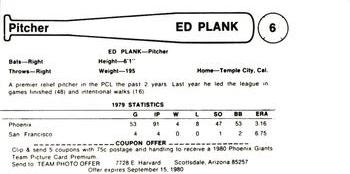 1980 Valley National Bank Phoenix Giants #6 Ed Plank Back