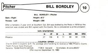 1980 Valley National Bank Phoenix Giants #10 Bill Bordley Back