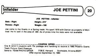 1980 Valley National Bank Phoenix Giants #20 Joe Pettini Back