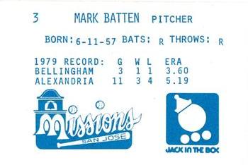 1980 Jack in the Box San Jose Missions #3 Mark Batten Back