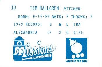 1980 Jack in the Box San Jose Missions #11 Tim Hallgren Back