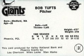 1981 Valley National Bank Phoenix Giants #3 Bob Tufts Back