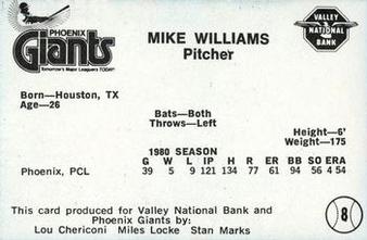 1981 Valley National Bank Phoenix Giants #8 Mike Williams Back