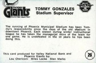 1981 Valley National Bank Phoenix Giants #26 Tommy Gonzales Back