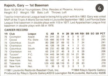 1984 Riley's Sports Gallery Louisville Redbirds #6 Gary Rajsich Back