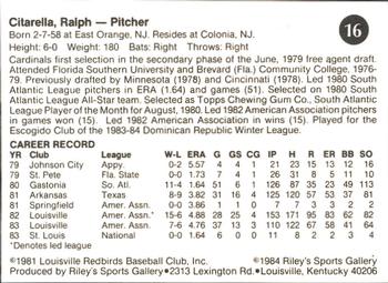 1984 Riley's Sports Gallery Louisville Redbirds #16 Ralph Citarella Back