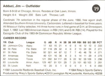1984 Riley's Sports Gallery Louisville Redbirds #19 Jim Adduci Back