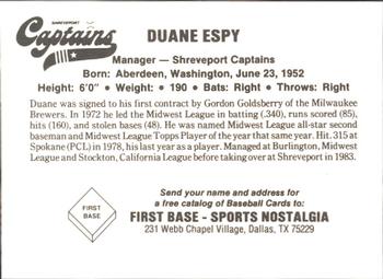 1984 First Base Shreveport Captains #NNO Duane Espy Back