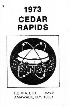 1973 TCMA Cedar Rapids Astros #7 Art Gardner Back