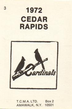 1972 TCMA Cedar Rapids Cardinals #3 Tom Zimmer Back