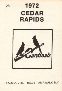 1972 TCMA Cedar Rapids Cardinals #28 Bill Poe Back