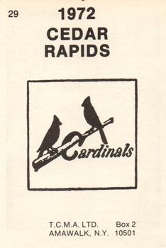 1972 TCMA Cedar Rapids Cardinals #29 Monte Bolinger Back