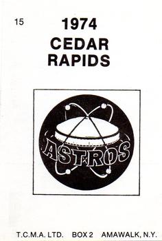 1974 TCMA Cedar Rapids Astros #15 Jorge E. Moreno Back
