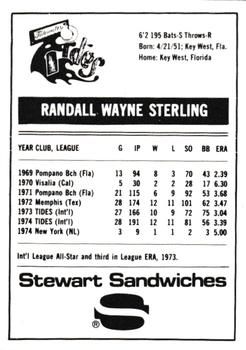 1975 Stewart Sandwiches Tidewater Tides #NNO Randy Sterling Back