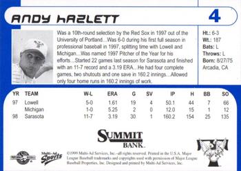 1999 Multi-Ad Trenton Thunder #4 Andy Hazlett Back