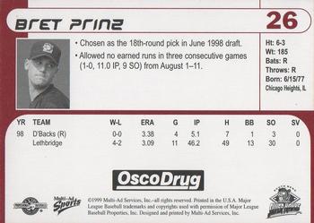 1999 Multi-Ad South Bend Silver Hawks #26 Bret Prinz Back