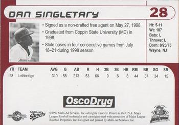 1999 Multi-Ad South Bend Silver Hawks #28 Dan Singletary Back
