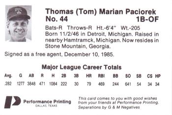 1986 Performance Printing Texas Rangers #NNO Tom Paciorek Back
