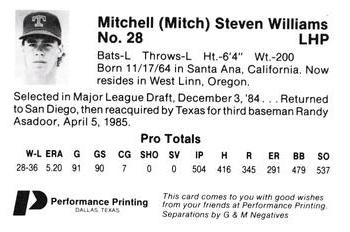 1986 Performance Printing Texas Rangers #NNO Mitch Williams Back
