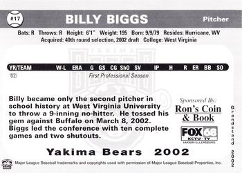 2002 Grandstand Yakima Bears #NNO Billy Biggs Back