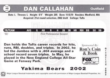 2002 Grandstand Yakima Bears #NNO Dan Callahan Back