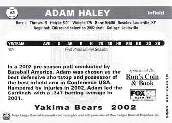2002 Grandstand Yakima Bears #NNO Adam Haley Back