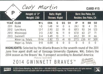 2014 Choice Gwinnett Braves #15 Cody Martin Back