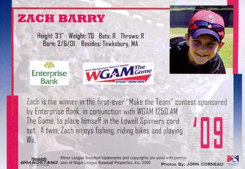 2009 Grandstand Lowell Spinners #NNO Zach Barry Back
