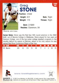 2002 Choice Lowell Spinners #28 Greg Stone Back