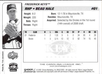2002 Choice Carolina League Top Prospects #01 Beau Hale Back