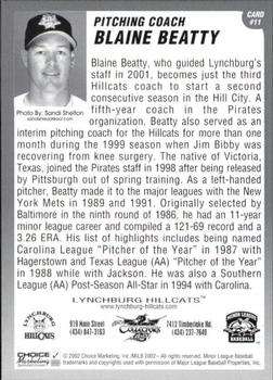 2002 Choice Lynchburg Hillcats #11 Blaine Beatty Back