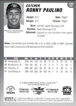 2002 Choice Lynchburg Hillcats #25 Ronny Paulino Back