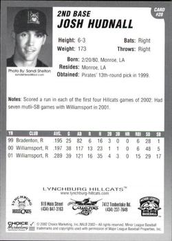 2002 Choice Lynchburg Hillcats #28 Josh Hudnall Back